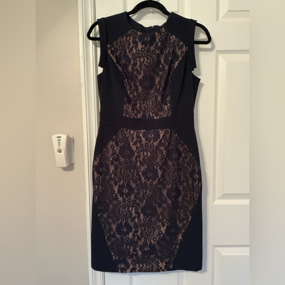 Adrianna Papell Navy and Beige Lace Midi Dress